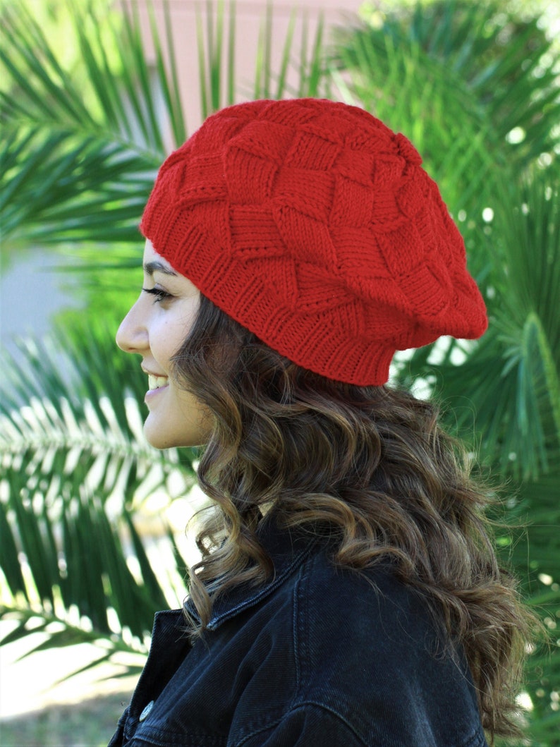 Handknit red beanie in entrelac knitting style, Winter women hat, Wool red knit hat, Handmade gift for girl friend image 4