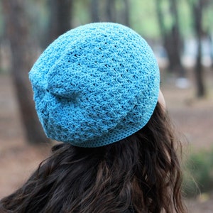 Blue Crochet cotton summer hat beanie women, Spring slouchy soft cap, Boho bamboo beanie slouch, Non itchy ladies soft headwear image 5