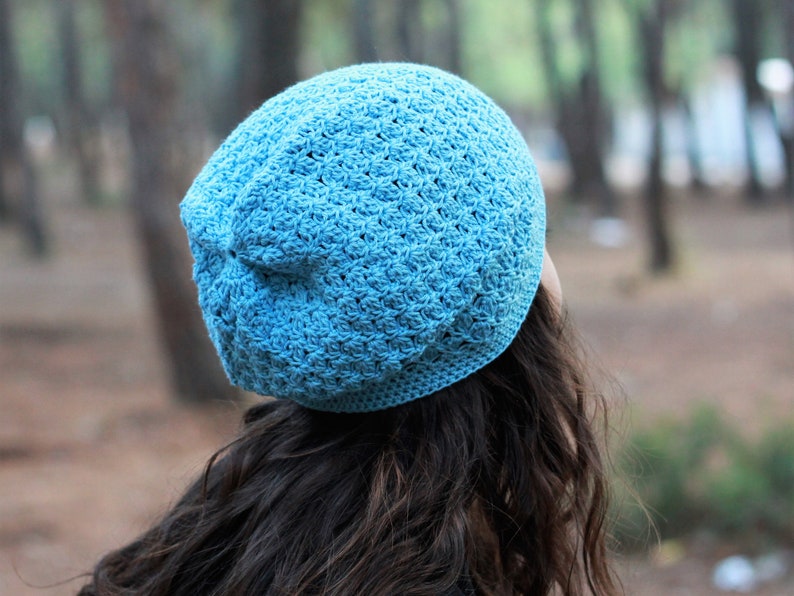 Blue Crochet cotton summer hat beanie women, Spring slouchy soft cap, Boho bamboo beanie slouch, Non itchy ladies soft headwear image 5