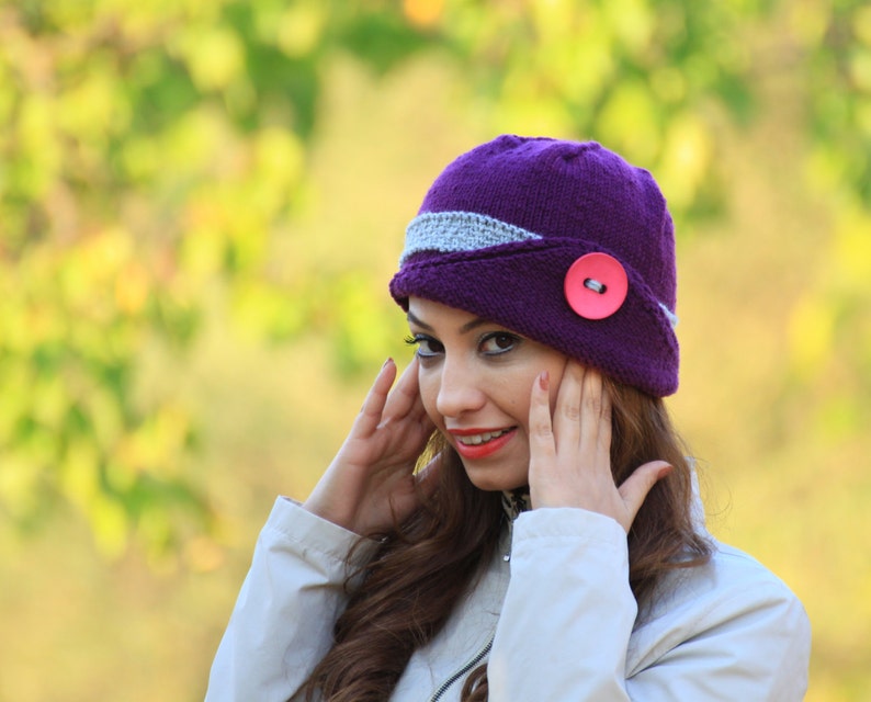 Unique Ladies purple hat with button Knit accessories Lucy Hat Winter hat for women