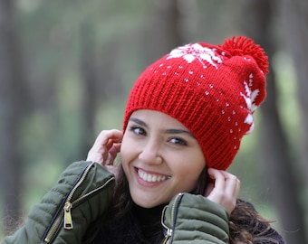 Handknit hat with small hearts, Pom pom knit beanie for women, Winter handmade beanie, Pompom hat winter, Fair isle beanie women
