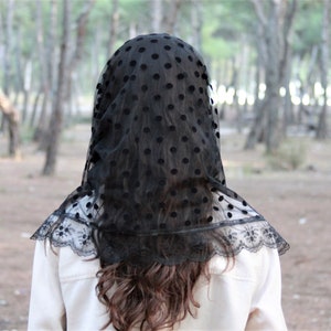 Infinity black veil veil for Mass in polka dot pattern, Mourning veil for head, Religious head covering, Christians Prayer headcover women image 5