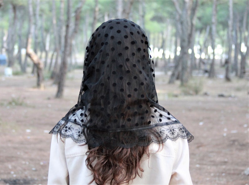 Infinity black veil veil for Mass in polka dot pattern, Mourning veil for head, Religious head covering, Christians Prayer headcover women image 5