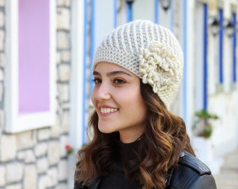 Beige Women Winter Crochet Hat with Flower, Floral Beanie