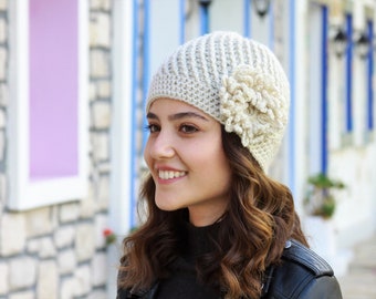 Ladies crochet hat with flower, Beige color women cap from wool and acrylic yarn, Cozy winter beanies