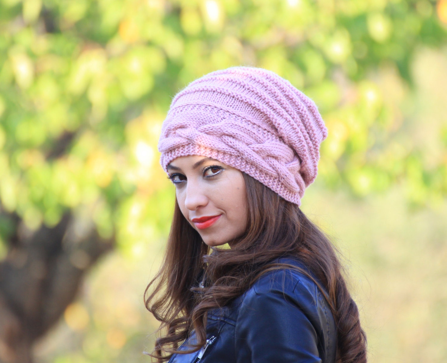 Dusty Pink Slouchy Winter Beanie, Hand Knitted Hats for  display picture 2
