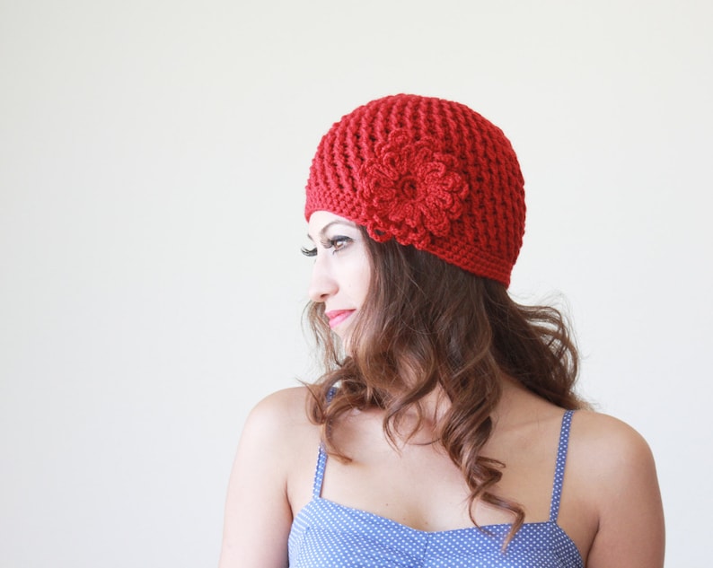 Flower red crochet hat, Soft winter beanie for woman, Cozy fall skull cap from wool & acrylic yarn, Casual accessories, Girl friend gift 