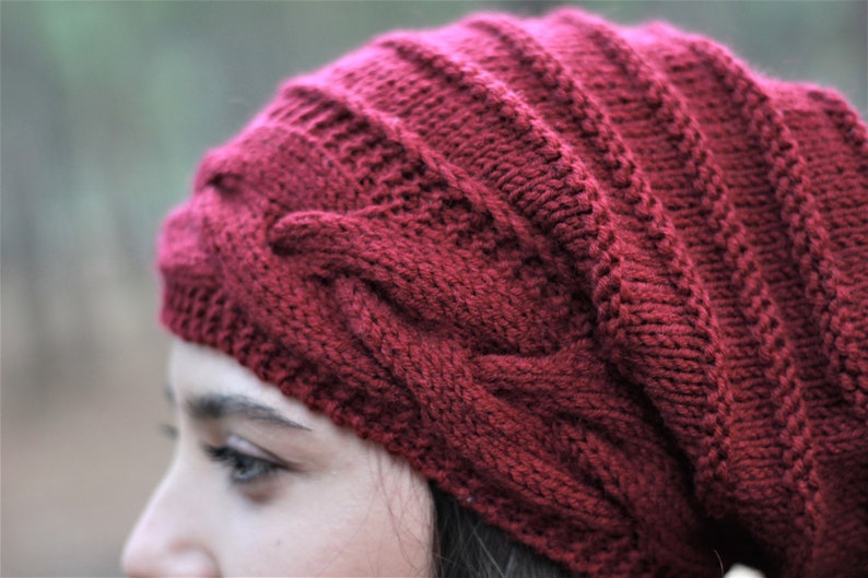 Burgundy knit slouchy beanie, Handmade knit hat, Unique Winter accessories, Handmade Gift image 6