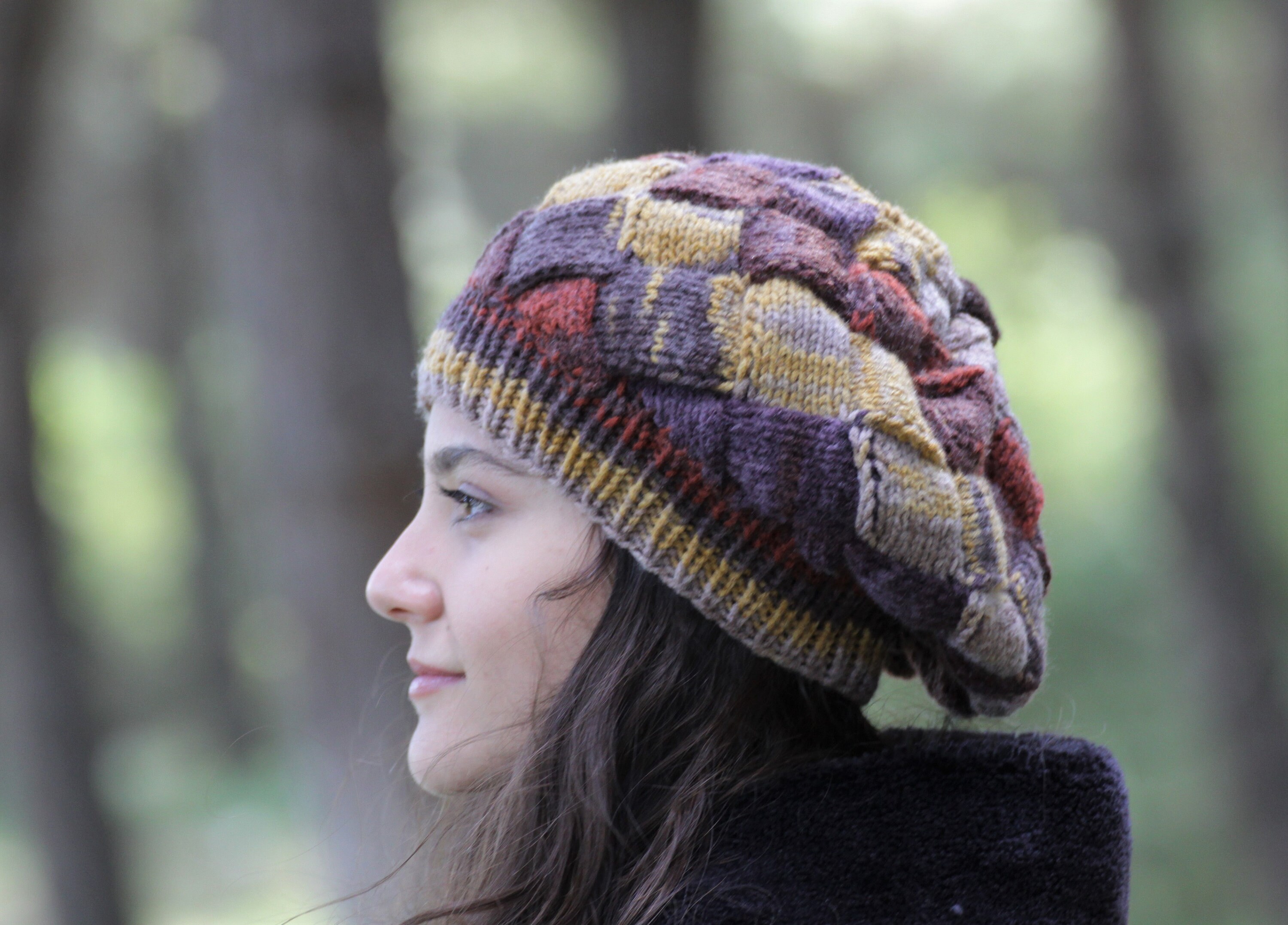 Multicolor Slouchy Beret for Women, Hand Knit Autumn Hat 