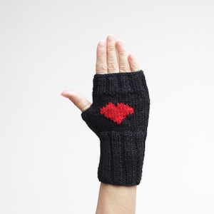 Black heart fingerless gloves for women, Winter knit heart mittens, Valentines day gift for her image 1