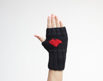 Black heart fingerless gloves for women, Winter knit heart mittens, Valentines day gift for her