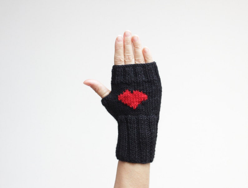 Black heart fingerless gloves for women, Winter knit heart mittens, Valentines day gift for her image 1