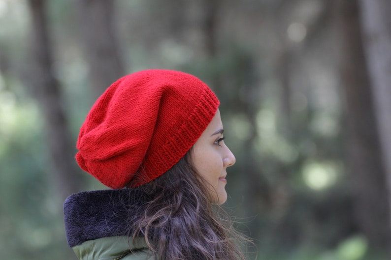 Red knit hat heart, Slouchy beanie knit, Handmade Gift for her, Girlfriend gift for Valentines Day, Valentine accessories image 4