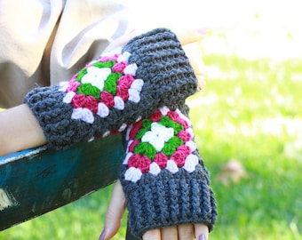 Crochet granny square gloves womens, Colorful hand warmers, Short winter accessories, Gray fingerless gloves
