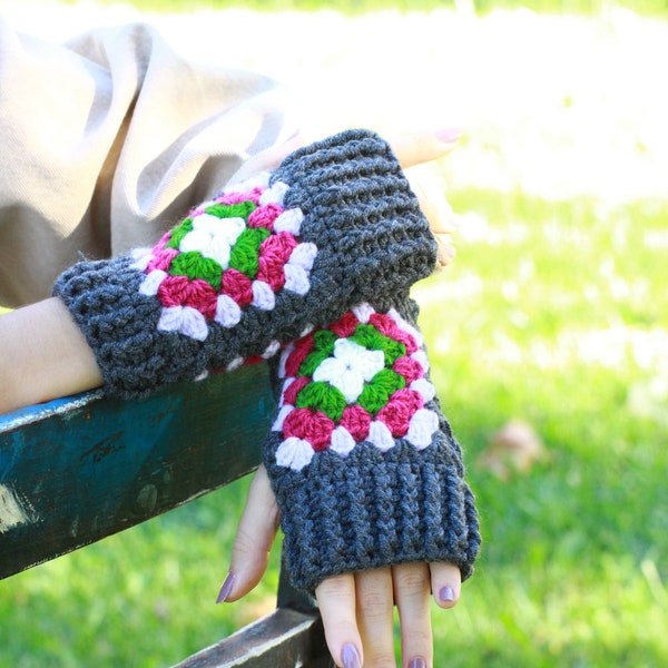 Crochet Grand-mère gants carrés femmes, Chauffe-mains colorés, Accessoires d’hiver courts, Gants gris sans doigts