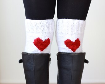 Off White Knit boot toppers and knee warmers women, Handmade wool heart boot cuffs, Valentines day gifts for her