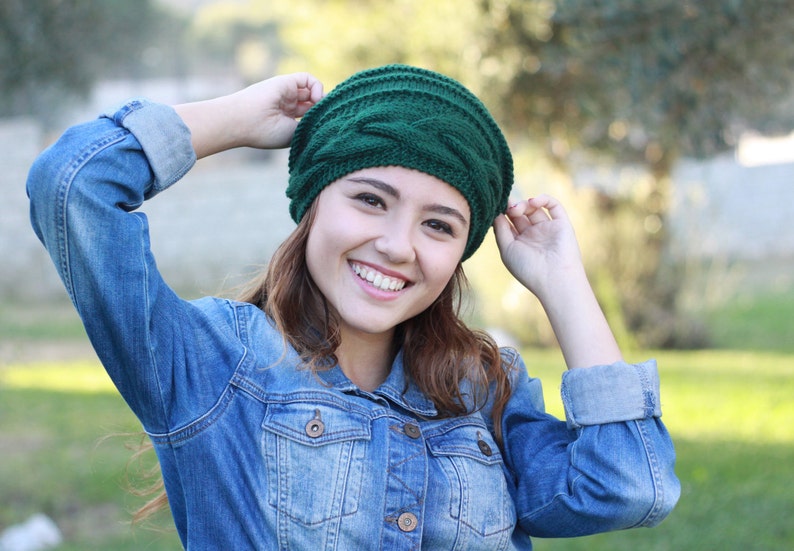 Emerald Green slouchy beanie, Hand knit hat, Womens clothing beanies and hats, Winter accessories, Womens hat, St. Patricks Day outfit image 2