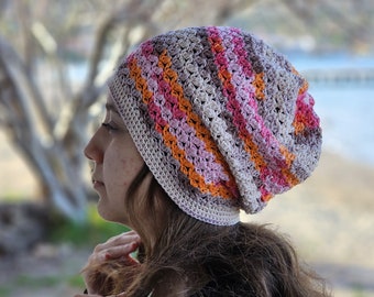 Cotton crochet hat, Women summer hat, Multicolor Slouch cotton beanie, Slouchy boho cap, Soft summer headwear, Chemo headwear