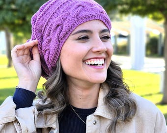 Lilac Slouchy Knit Hat with Matching Gloves, Winter Beanie