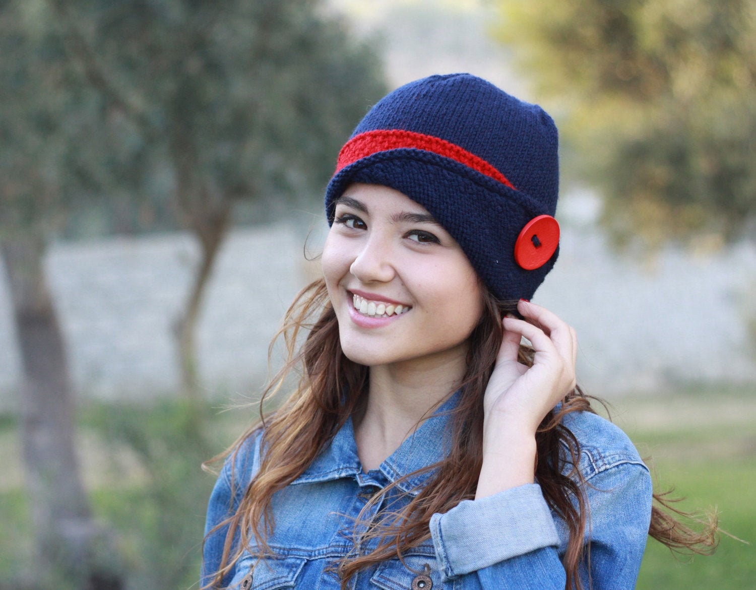 Women Knit Hat in Navy Blue and Red Color Winter Accessories Etsy UK