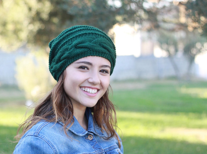 Emerald Green slouchy beanie, Hand knit hat, Womens clothing beanies and hats, Winter accessories, Womens hat, St. Patricks Day outfit image 3