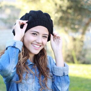 Women Black Slouch knit hat, Winter handknitted beanie, Fall French style cap, Wool slouchy beret image 3