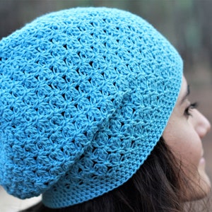 Blue Crochet cotton summer hat beanie women, Spring slouchy soft cap, Boho bamboo beanie slouch, Non itchy ladies soft headwear image 7