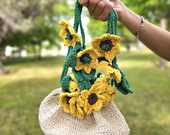 かぎ針編みのひまわりバッグ、手作りの花柄クロスボディバッグ（女性用）