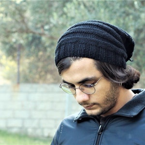 Handknit slouchy hat men, Black winter mens beanie, Slouch mens hat, Handmade gift for him image 6