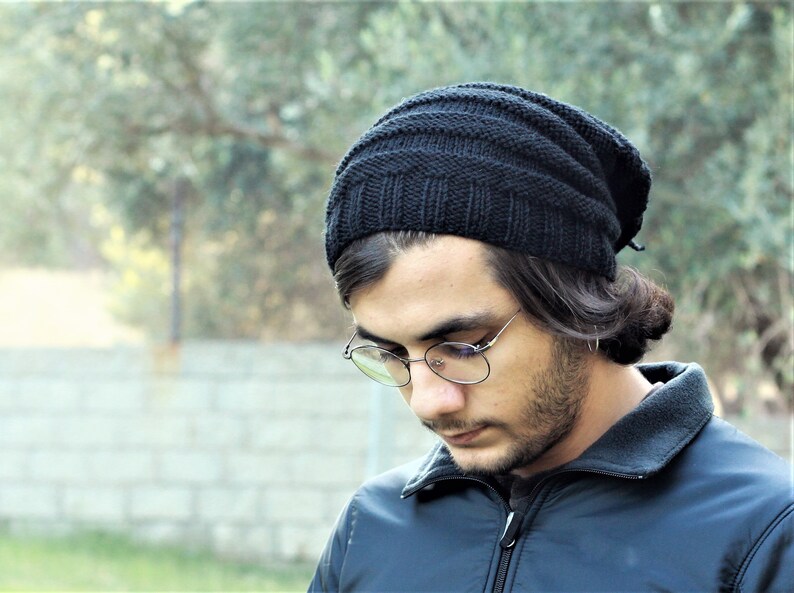 Handknit slouchy hat men, Black winter mens beanie, Slouch mens hat, Handmade gift for him image 6