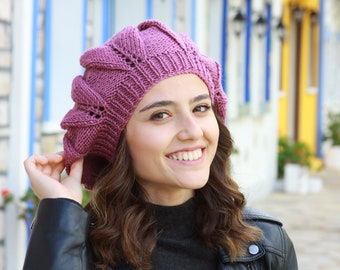 Hand Knitted Slouchy Beanie: Rose Wool Acrylic Blend