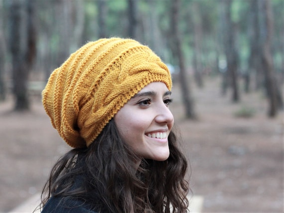 Gorro holgado mostaza para mujer, gorros tejidos a mano de