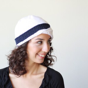 Women hand knitted hat in white with a navy blue band, Wool winter bonnet, Handknit beanie for ladies image 4