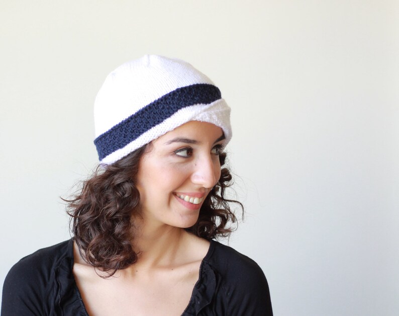 Women hand knitted hat in white with a navy blue band, Wool winter bonnet, Handknit beanie for ladies image 4