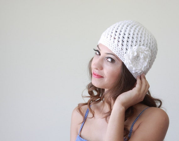 Off White Crochet Beanie With Flower Ladies Handmade Hat Women Stylish Bonnet Cozy Trend Accessories Adult Unique Winter Cap Etsy