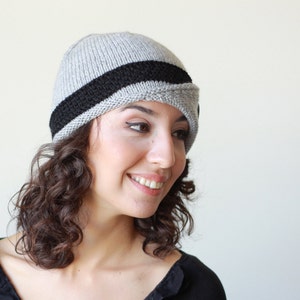 Grey and black hand knit womens hat, Knit cloche hat woman, Knit accessories, Knit beanie cap, Fall knit beanie image 3