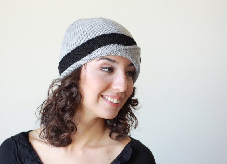 Grey and black hand knit womens hat, Knit cloche hat woman, Knit accessories, Knit beanie cap, Fall knit beanie image 3