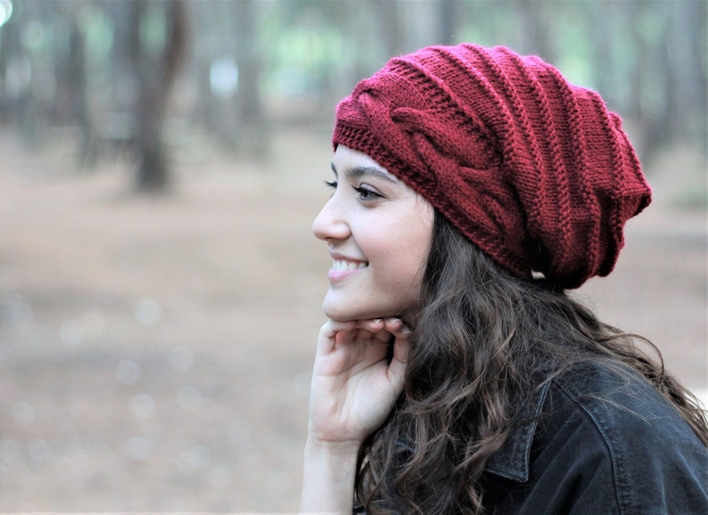 Burgundy knit slouchy beanie, Handmade knit hat, Unique Winter accessories, Handmade Gift image 1