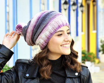 Women's Hats with a Pom Pom: Multicolor, Hand Knit, Slouchy, Winter
