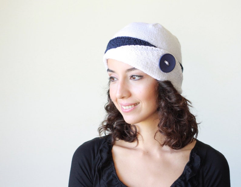 Women hand knitted hat in white with a navy blue band, Wool winter bonnet, Handknit beanie for ladies image 1