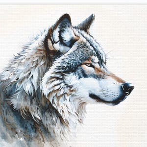 May include: Watercolor painting of a gray wolf in profile, set against a white background. The wolf's fur is detailed with shades of gray, brown, and white. The artwork captures the wolf's intense gaze and textured fur, creating a striking piece of art.