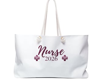 Bolso de fin de semana para enfermeras 2026, bolso de mano para graduadas de enfermería, diseño de cruz médica y latido de corazón, bolso de fin de semana para graduadas de enfermería con texto pequeño