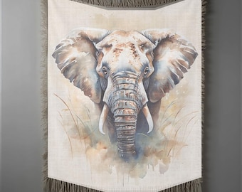 Woven Bull Elephant Blanket: Cotton Throw with Fringed Edges