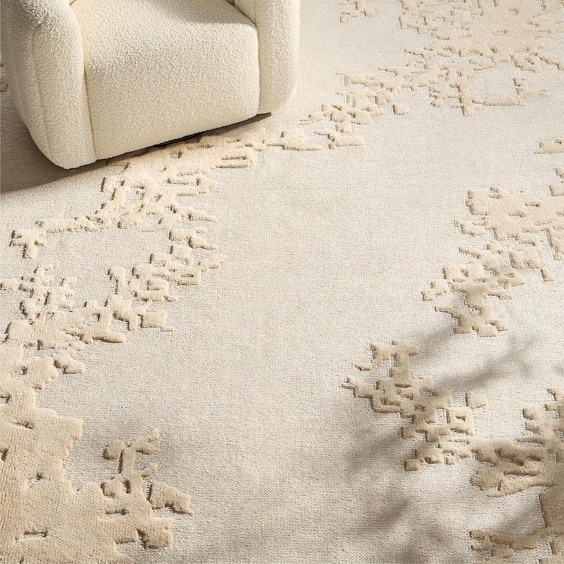 Cream Color Area Rug Hand Knotted New Zealand Wool Rug – Cream Beige Abstract Texture, 8x10 ...