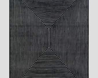 Alfombra de lana neozelandesa anudada a mano, moderna, con diseño geométrico en blanco y negro.