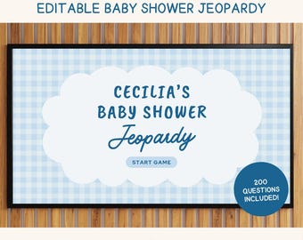 Könnte beinhalten: Eine bearbeitbare Jeopardy-Spielvorlage für eine Babyparty mit hellblauem Vichy-Karo-Hintergrund und einer zentralen weißen Wolkenform. Der Text lautet CECILIA'S BABY SHOWER Jeopardy und START GAME. Ein blauer Kreis zeigt 200 QUESTIONS INCLUDED.