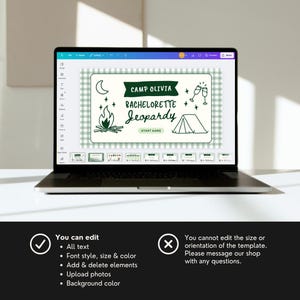 Puede incluir: Un port&aacute;til muestra una plantilla de juego Jeopardy para despedida de soltera con tem&aacute;tica verde y blanca. El dise&ntilde;o incluye gr&aacute;ficos con tem&aacute;tica de campamento y el texto "Camp Olivia Bachelorette Jeopardy". El port&aacute;til est&aacute; sobre una superficie blanca.