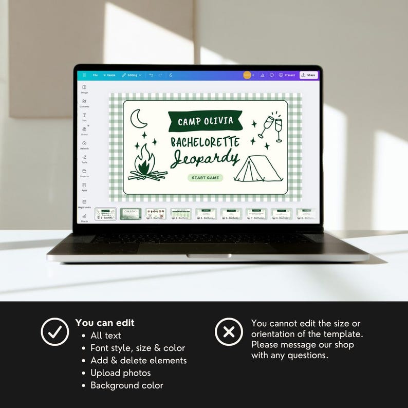 Puede incluir: Un port&aacute;til muestra una plantilla de juego Jeopardy para despedida de soltera con tem&aacute;tica verde y blanca. El dise&ntilde;o incluye gr&aacute;ficos con tem&aacute;tica de campamento y el texto "Camp Olivia Bachelorette Jeopardy". El port&aacute;til est&aacute; sobre una superficie blanca.