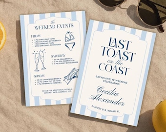 Invitación e itinerario para despedida de soltera en la costa: último brindis, plantilla editable para despedida de soltera en la playa, diseño de rayas azules y blancas imprimible en Canva.