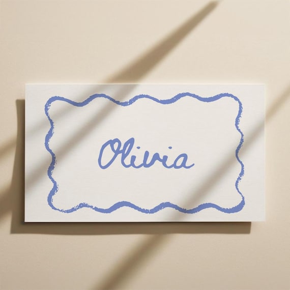 Watercolor Wavy Border Place Card Template, Editable Printable Name Cards for Weddings, Table Name Guest Seating Card, Wavy Border Name Card
